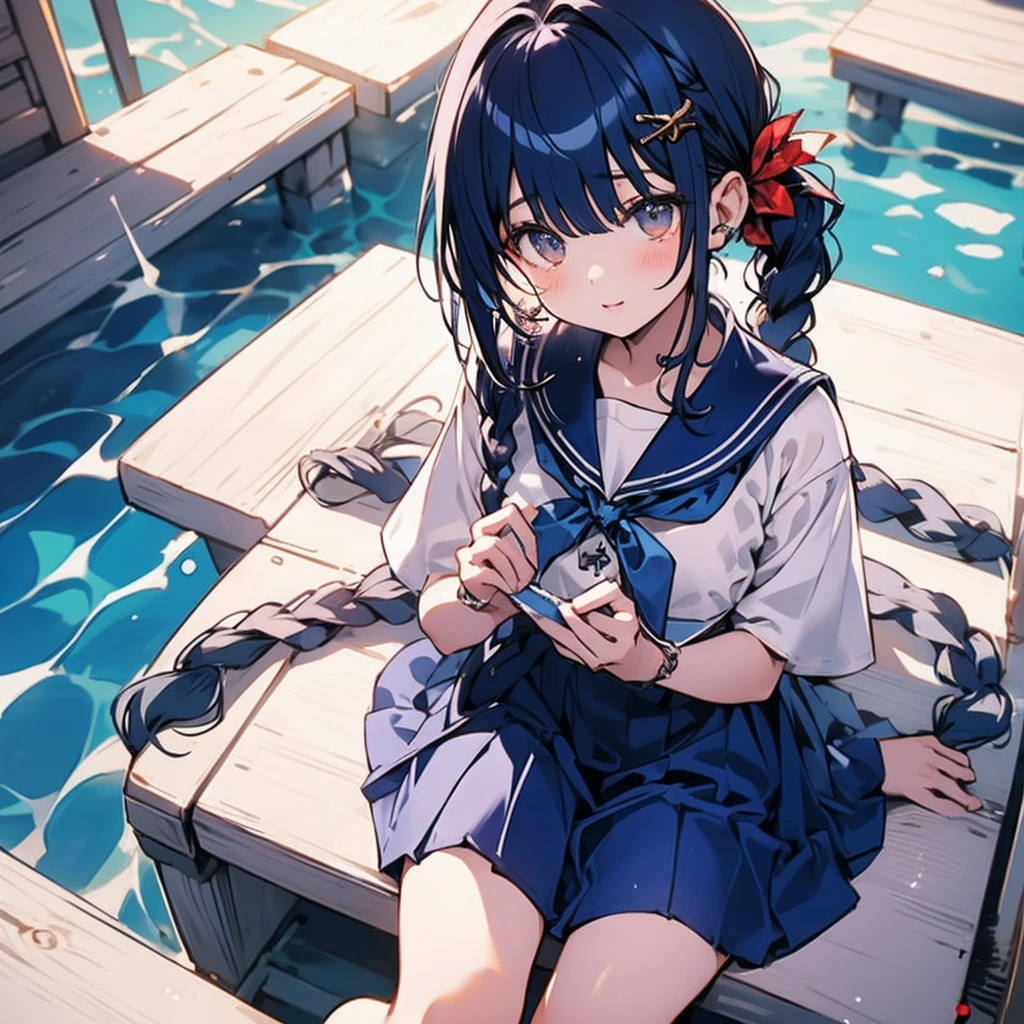 masutepiece++, Best Quality++, ultra-definition++, ultra-definition++, rey tracing, 4K or more++, 8K or more++, Slight details, (Background Focus )++,Young woman with golden laurel wreath, (((Ultramarine hair))), (((White dip dyed hair))), (((red streaked hair))),sailor,Sailor collar,White shirt, skirt by the,anchor,