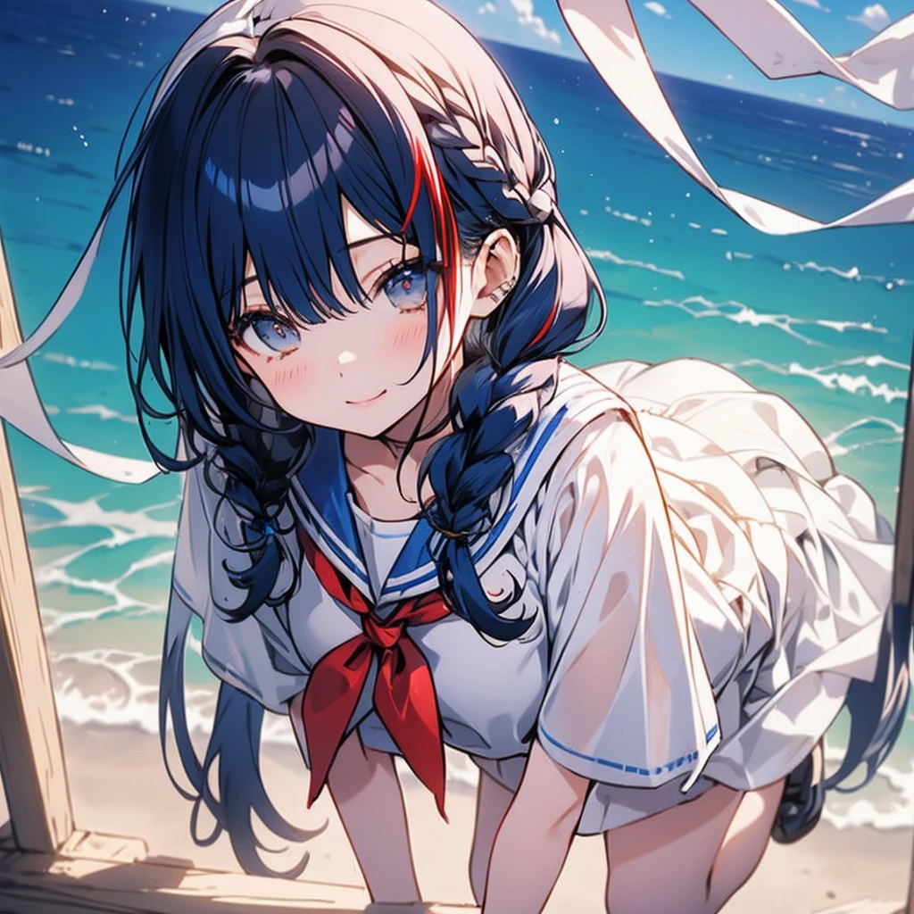 masutepiece++, Best Quality++, ultra-definition++, ultra-definition++, rey tracing, 4K or more++, 8K or more++, Slight details, (Background Focus )++,Young woman with golden laurel wreath, (((Ultramarine hair))), (((White dip dyed hair))), (((red streaked hair))),sailor,Sailor collar,White shirt, skirt by the,anchor,