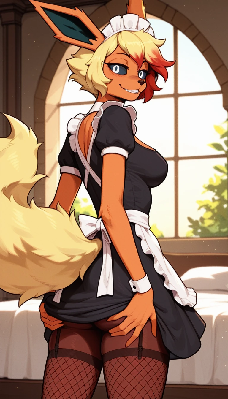 Excited expression, 1girl, anthro, furry, fur, fluffy fur, flareon girl, yellow hair (red highlights), black sclera, white eyes, short hair, Messy hair, (19 years), medium , thicc thighs, solo, (bedroom, mansion), sunset, detailed, smug smile, (maid dress, Fishnet stockings, maid wristband), pantyhfrom behind, hands on butt, scorescore_8_up, score_7_up, score_6_up, score_5_up, score_4_up