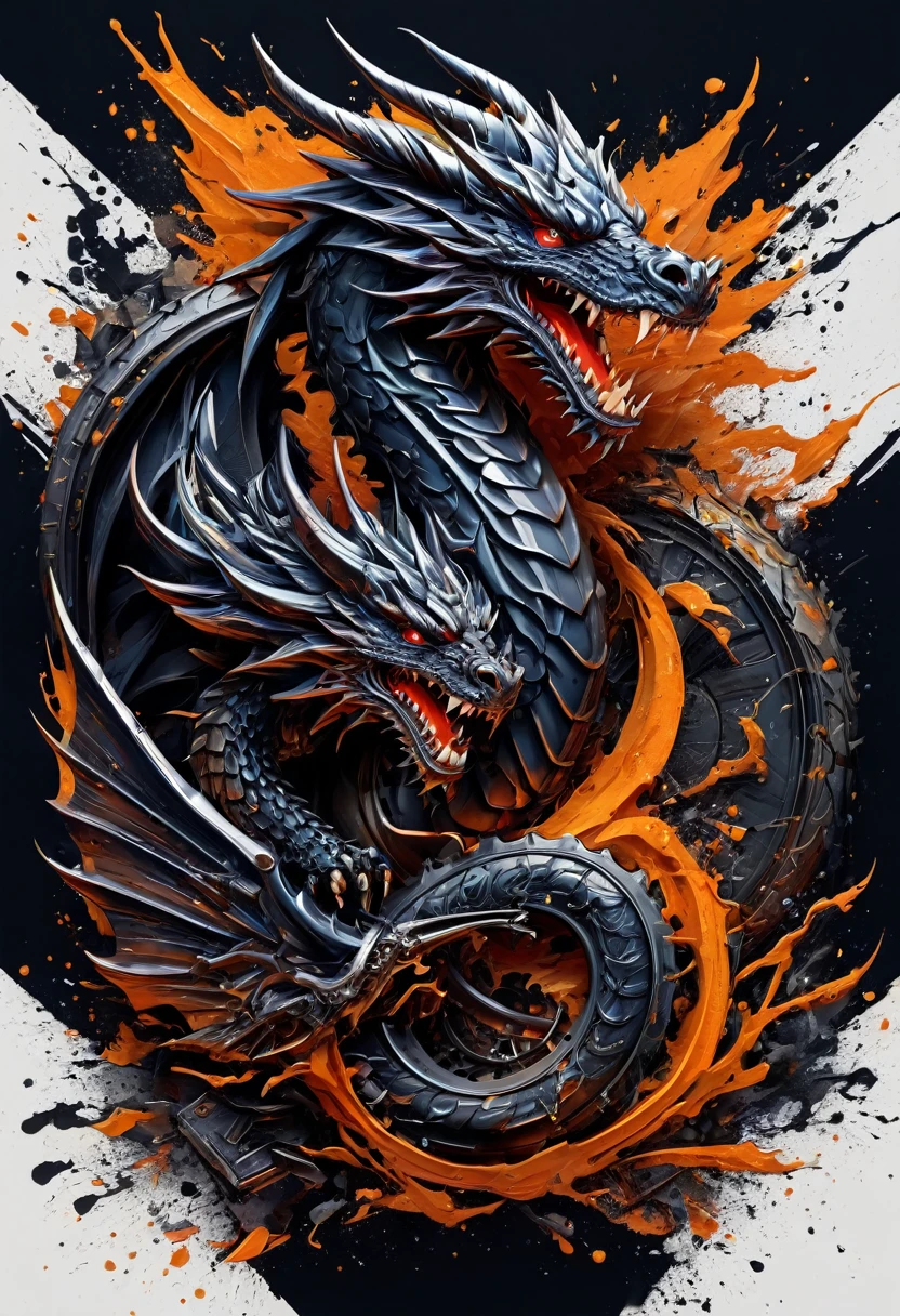 Motorcycle logo design with a dragon on the back, detailed vector art, motorcycle, in digital illustration style, motorcycle concept art, dark but detailed digital art, heavy metal t-shirt design, motorcycles, highly detailed vector art, illustration colorful digital, biker, triumph, akira's motorcycle, stylized digital illustration, inspired by Kanō Hōgai, detailed digital illustration, t-shirt design, chunky style, design only, white background, template none, professional, high contrast, high resolution, ultra- detailed,vivid colors,metallic details,sharp focus,edgy,dynamic composition,sandy texture,rough brushstrokes,mechanical elements,Chrome effect,classic typography,retro style,distressed look,aggressive lines and curves,3D rendering,stunning visual impact,shadows dark, strong brand presence, monochromatic palette, industrial aesthetic
