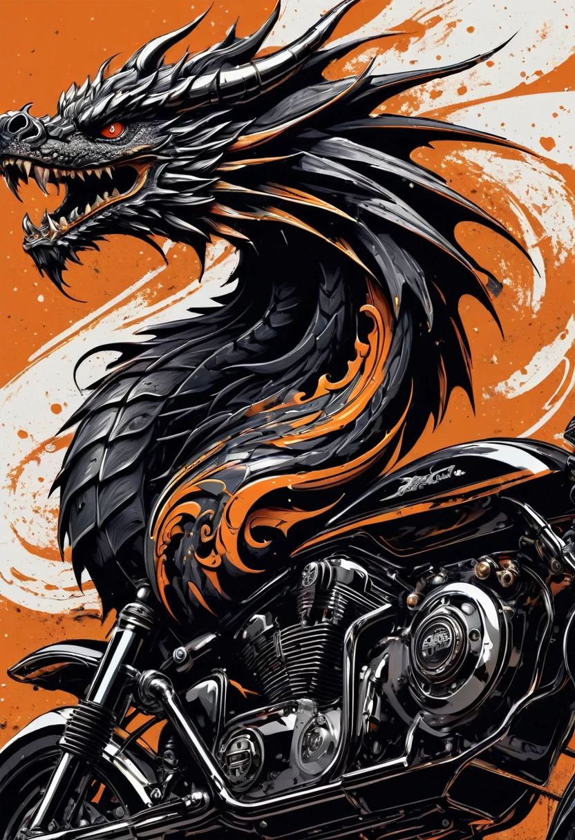 Motorcycle logo design with a dragon on the back, detailed vector art, motorcycle, in digital illustration style, motorcycle concept art, dark but detailed digital art, heavy metal t-shirt design, motorcycles, highly detailed vector art, illustration colorful digital, biker, triumph, akira's motorcycle, stylized digital illustration, inspired by Kanō Hōgai, detailed digital illustration, t-shirt design, chunky style, design only, white background, template none, professional, high contrast, high resolution, ultra- detailed,vivid colors,metallic details,sharp focus,edgy,dynamic composition,sandy texture,rough brushstrokes,mechanical elements,Chrome effect,classic typography,retro style,distressed look,aggressive lines and curves,3D rendering,stunning visual impact,shadows dark, strong brand presence, monochromatic palette, industrial aesthetic