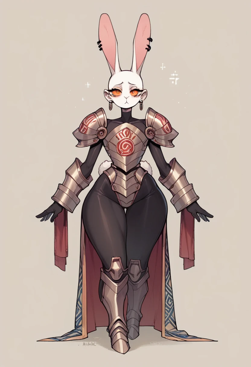 check_9,check_8_up,check_7_up,check_6_up,check_5_up,check_4_up source_obvious, full body, Tall slender girl, (Pale strong body:1.7), Amber Wizard, Robe with Arcane Glyphs, Mysterious glyphs cover the mantle, wide hips, broad shoulders, (Body, black tight armored clothing;:1.4), (bunny face:1.5) , (red expressive eyes), Earrings, source_anime,simple background, (blushing:0.5)