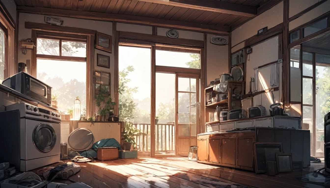 inside a warm and non-modern house, all the home appliances are old but clean, it's day time and a god ray is coming inside the house through window.