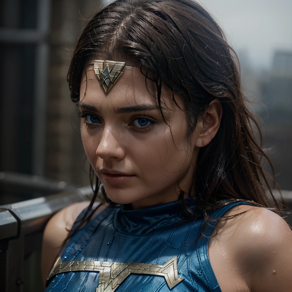 Super realistic Wonder Woman, with epic lighting, epic texture skin, wet from the rain with soft hair and blue eyes, (centered image) 