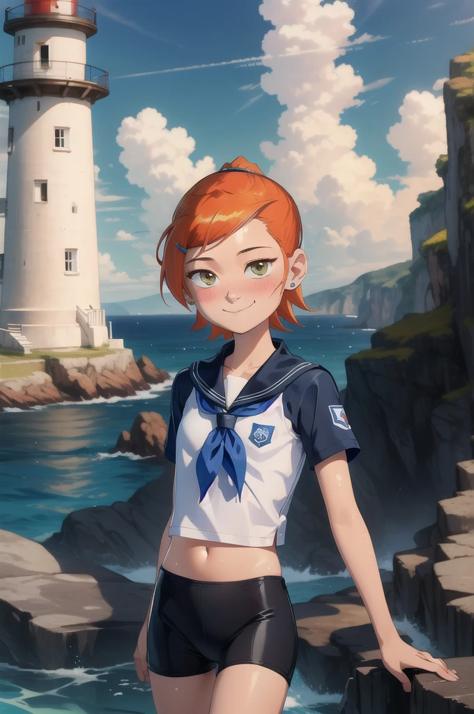 ((masterpiece)),(Highest quality),Official Art,Highly detailed CG,unity 8k wallpaper,Super detailed,Lighthouse on top of a cliff by the sea,One girl,一人w,Cowboy Shot,brown_hair,Dark Skw,Sunburn,School_Swimwear,brown_eye,smile,one piece_Swimwear,Swimwear_Down_Clothes,Sailor_collar,short_hair,Lookwg_w_Audience,blush,School_uniform,short_ponytail,