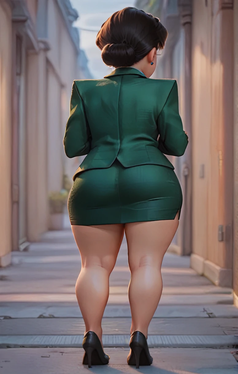 Black blazer, Black pencil skirt, Wide hips, thick legs, thick thighs, wearing small black heels, standing, (((take from behind)))