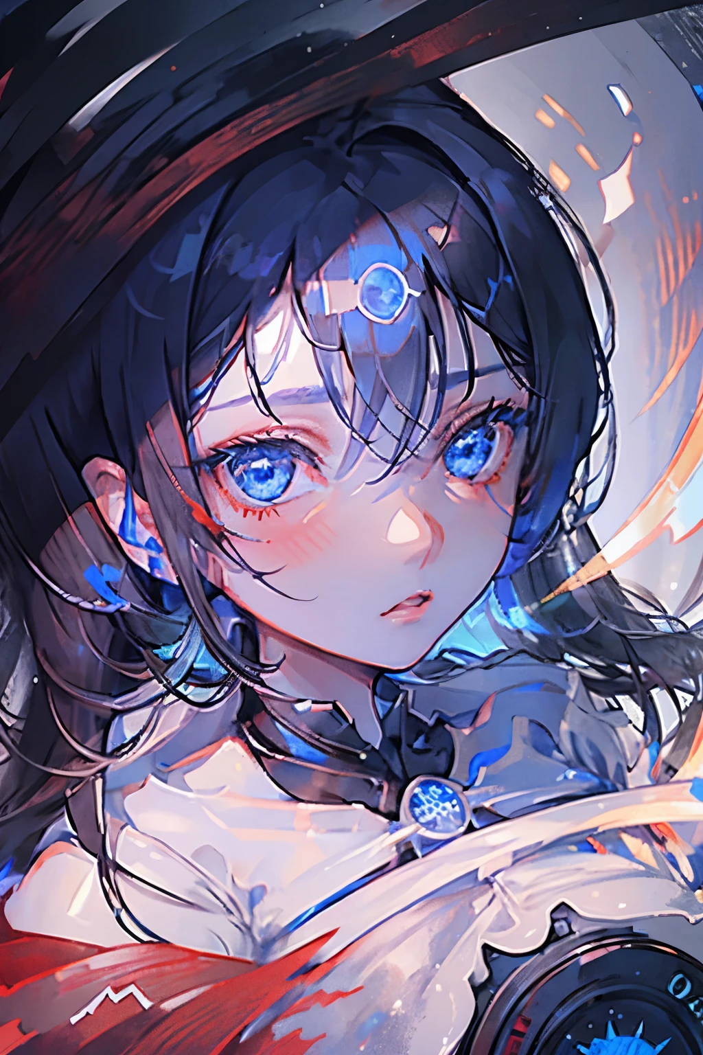 (1 girl: 1.3), (detailed face: 1.1), (detailed blue eyes: 1.1), (detailed small nose: 1.1), (detailed thin lips: 1.1), (black hair: 1.1), scarred skin, bloodshed,
background, pale light, grains of light, ripples, compass, spinning time, countless blades,