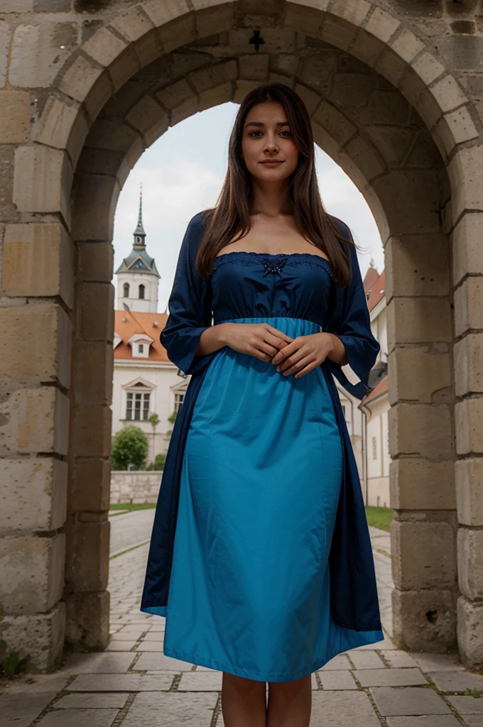 drapeau slovaquie, belle femme, ((à Bratislava)), smirk, robe traditionel, ((devant le chateau de Bratislava)), jolie visage