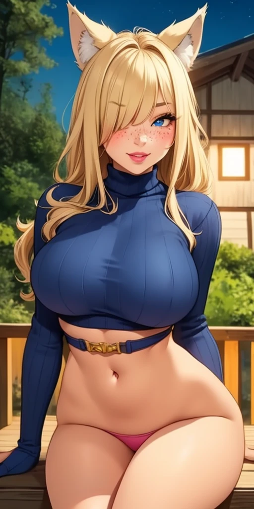 Beautiful round medium breasts, 1girl, ((blonder hair, bangs cover the eyes)) ((wolf girl, cute girl face)) light blue eyes, has an beautiful sensual body with freckles, with full breasts and thin waist, HIP HOP Beautiful and cute Long sweater, turtleneck, women's belt, long sleeve strap, strap fabric delicate, has a bold appearance. young, quality, realistic, best quality, cute expression, pink lipstick lips, Cute smile, leaning, on the porch illuminated by moonlight, wooden house in the forest