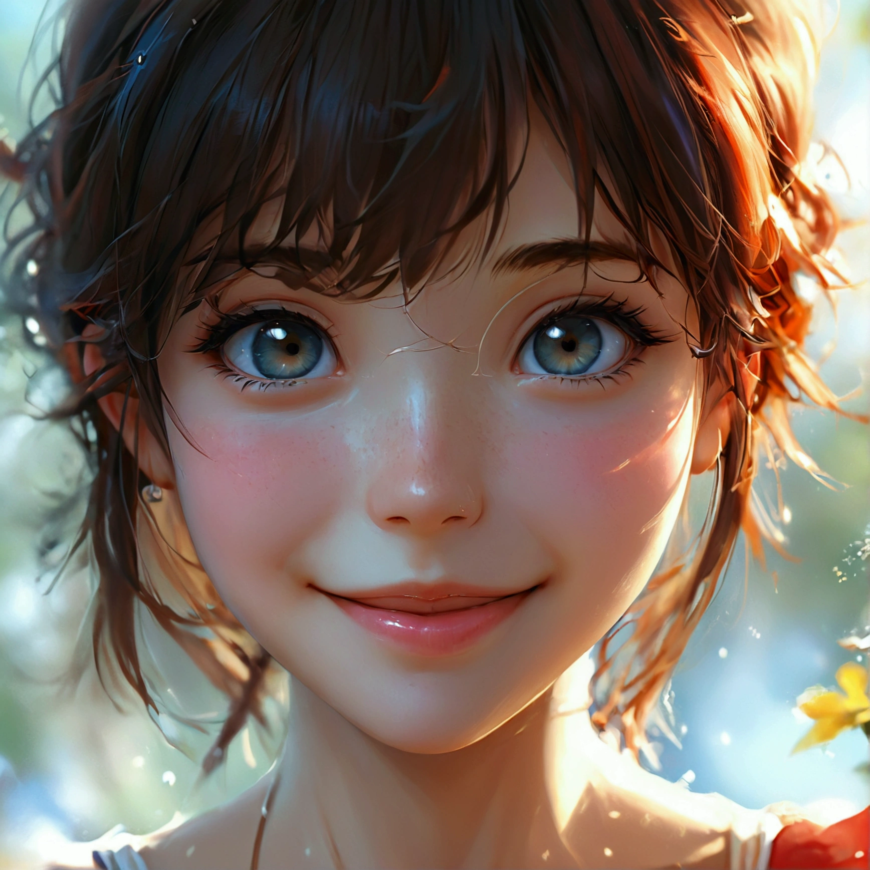 a cute anime girl with round frame, realistic stick figure, photorealistic, anime style, high quality, high resolution, cheerful character, retouched, daily life scene, fantasy background, smiling character in the frame