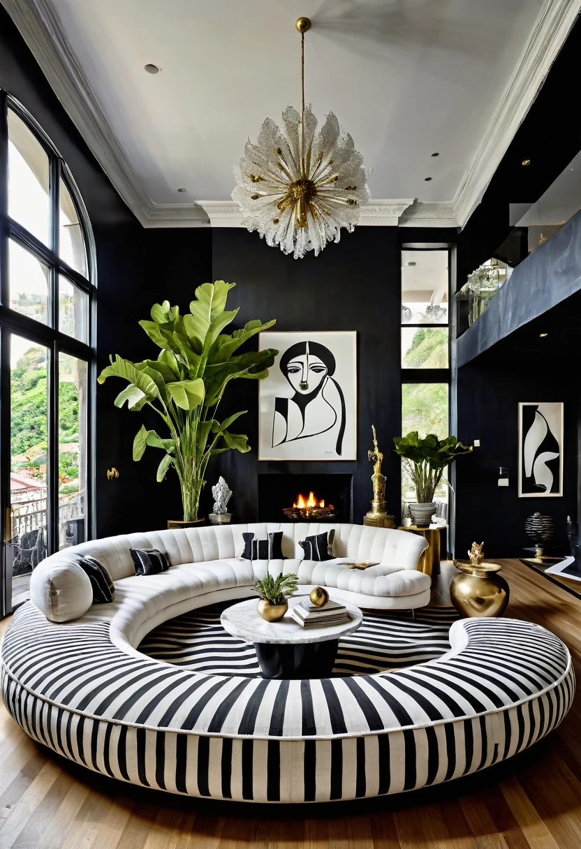 RAW photograph, Ultra Wide Angle, 16mm lens, whole room, contemporary living room with black walls, como Kelly Wearstler, very light wooden floor, large contemporary white linen armchair, huge black and white striped curved sofa, fireplace, large brutalist style console with minimalist vase with huge plant, pile of books, cubist sculptures in white marble, large windows , view of the city of Rio de Janeiro, Picasso paintings, Golden candlesticks, clear glass coffee table, ultra high nothing.photorrealistic::1.5, HDR, Ultra Realist, real photografic

