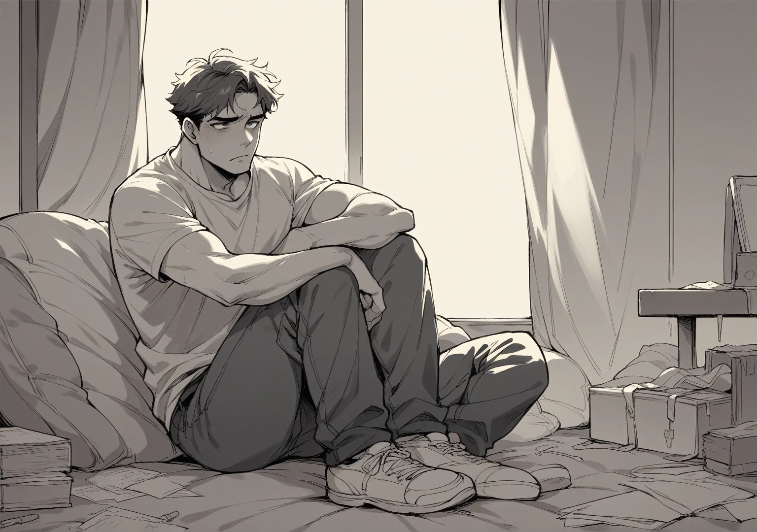 A depressed looking man sitting alone in his room plays video games