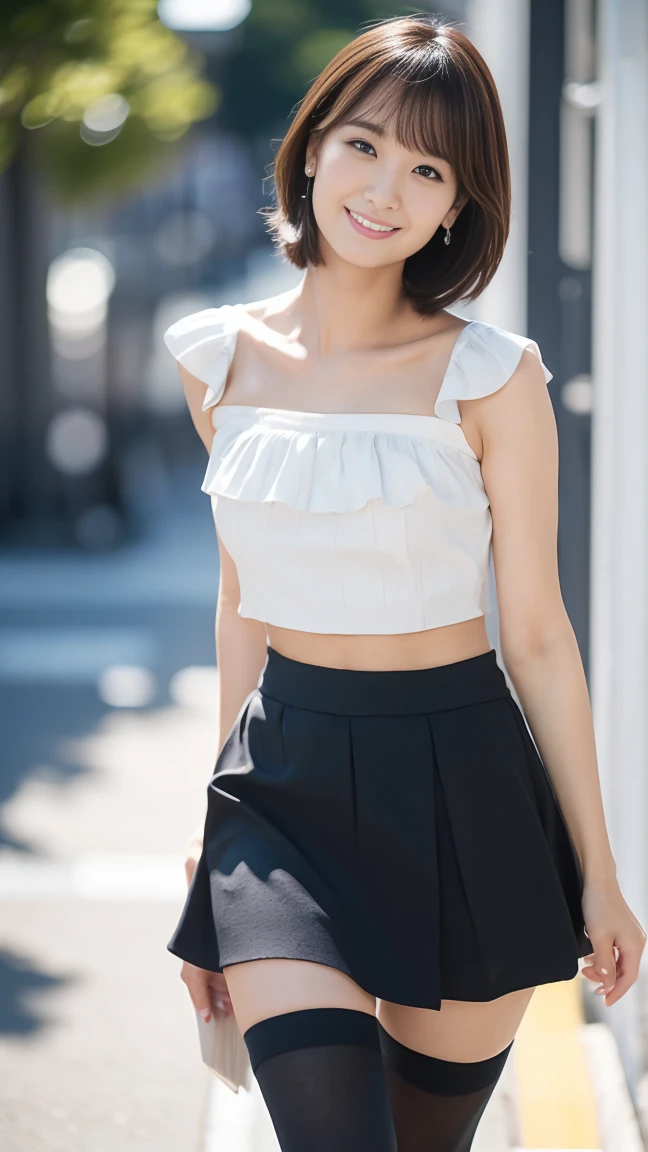 masutepiece, Best Quality, Photorealsitic, finely detail, hight resolution,beautiful japanese woman,beautiful detailed eyes, beautiful detailed lips, extremely detailed face, small head, small areola, cinematic lighting, photorealistic, 8k, high quality, hyper detailed, look at me,smile,(bandeau top:1.2),(mini skirt),(random location),(medium breasts:1.2),(inoueseika),slender,beautifull legs,(sexy posing:1.2), (bokeh:1.3), (black over-the-knee socks:1.2),