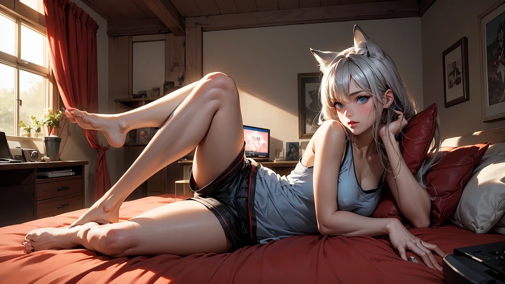 Create a high-quality image of a stunning 18-year-old wolf girl with tan skin. She has long silverish hair and captivating blue eyes, wearing a see-through tank top that barely covers her nipples and tight sleep shorts. She is sitting on the edge of her bed in a dimly lit, modern room with the window open, letting in a gentle night breeze. Her posture is alluring, with one leg bent up and the other stretched out, facing the camera seductively. The room is decorated with modern nerdy items, showcasing her love for video games and anime, including a high-end gaming PC, sleek gaming desk, ergonomic gaming chair, and the latest gaming console, as well as stylish anime posters and figurines. The overall ambiance is cozy and intimate, with intricate details enhancing the high-quality visual artistry.