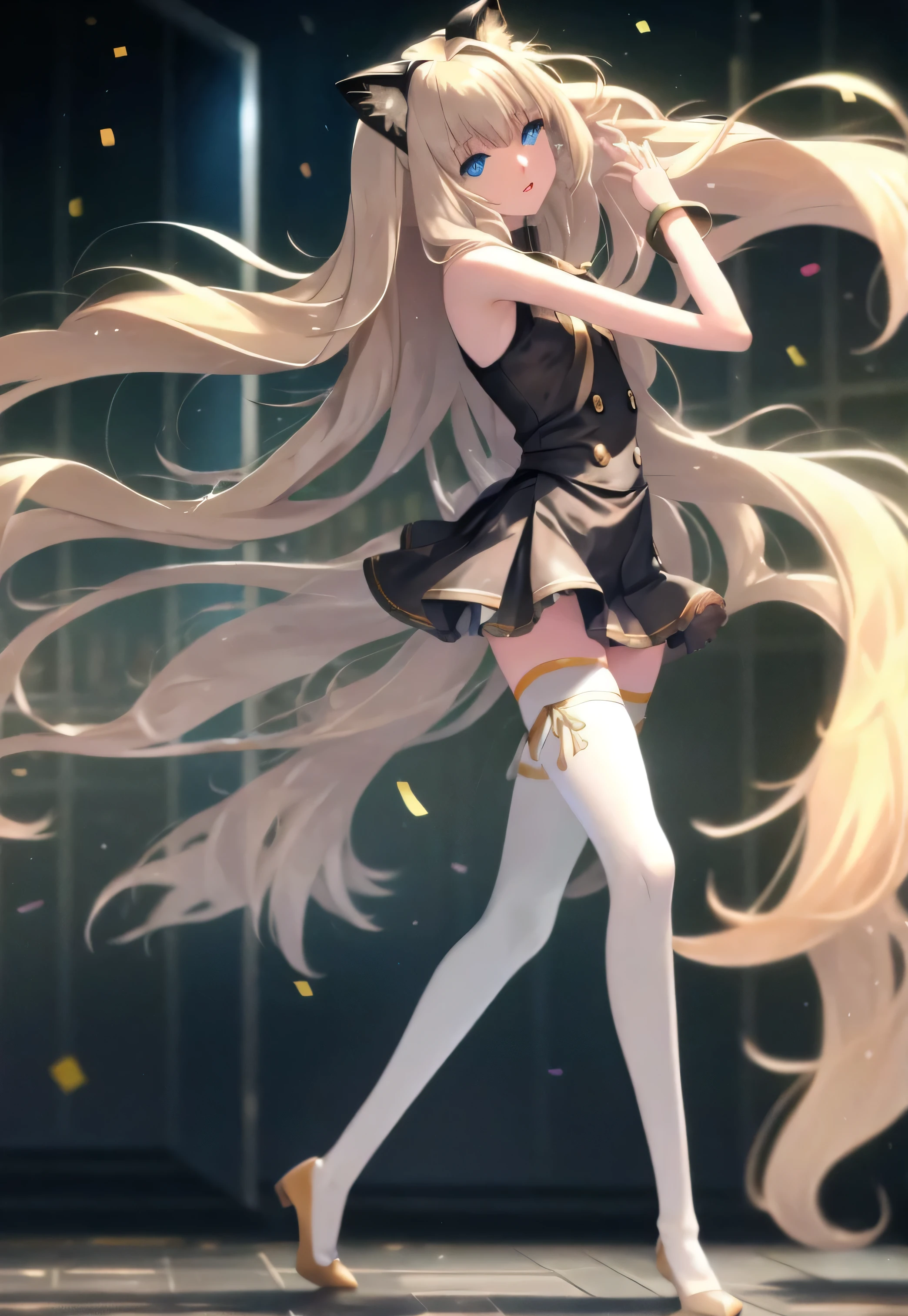 1girl,solo,long hair,blue eyes,blonde hair,sidelocks,cat ears, (((cat ear speakers))), miniskirt,pleated skirt,white thighhighs,jewelry,zettai ryouiki,bracelet,sleeve cuffs,bow,bare shoulders,headset,sleeveless,grey skirt,sleeveless shirt,Yellow shoes, flats shoes, flat footwear, yellow shirt, flat chest, chubby thighs, BREAK, outdoors, bright light, blue sky, in the city, walking, sidewalk, buildings, daytime, singing, happy, looking at viewer, hair calm, hair down, on a rooftop, balcony, crowd, party, dancing,windows, plants, 