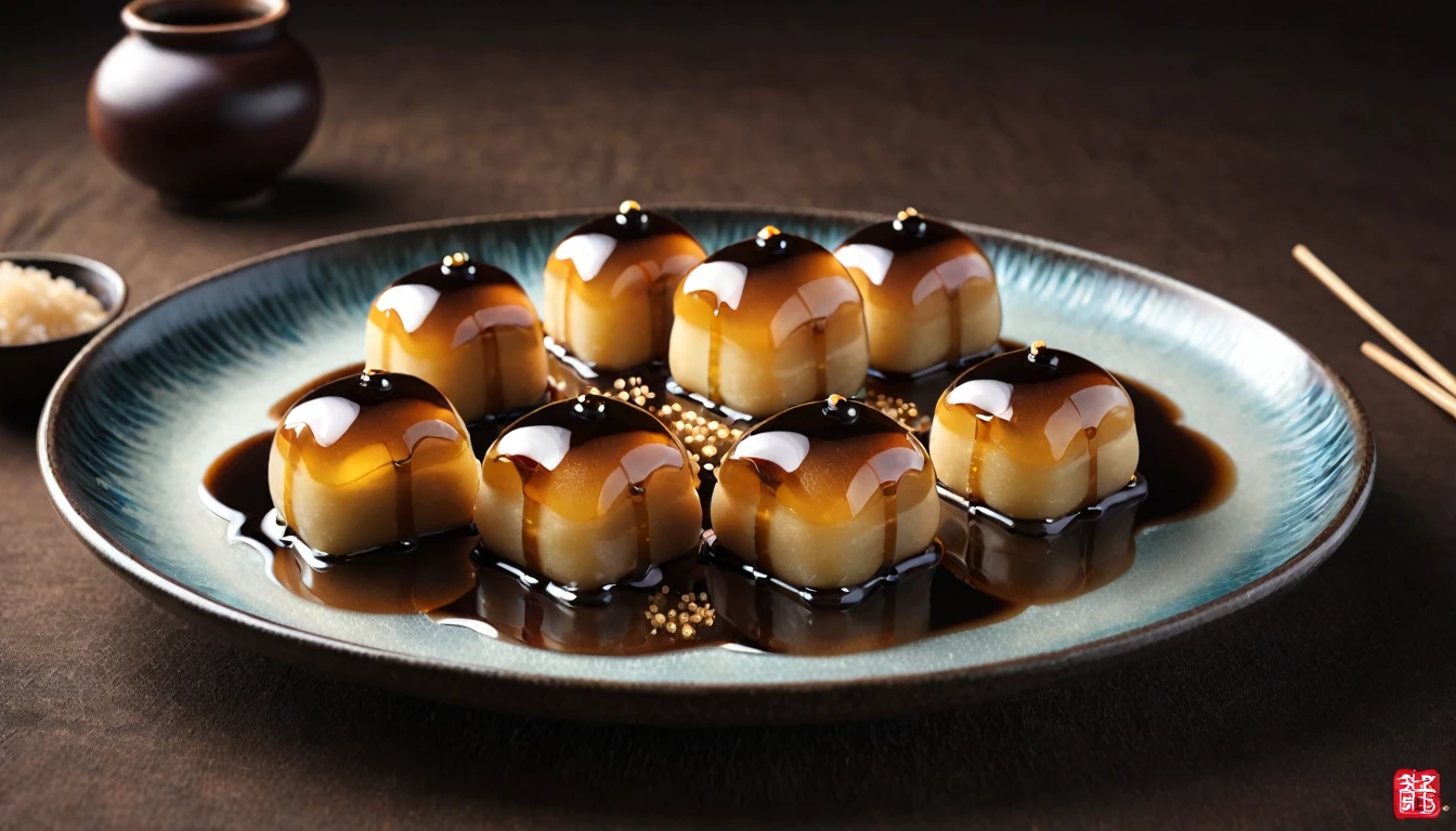 A dish of white mitarashi dango drizzled in brown sugar syrup is created using digital art.