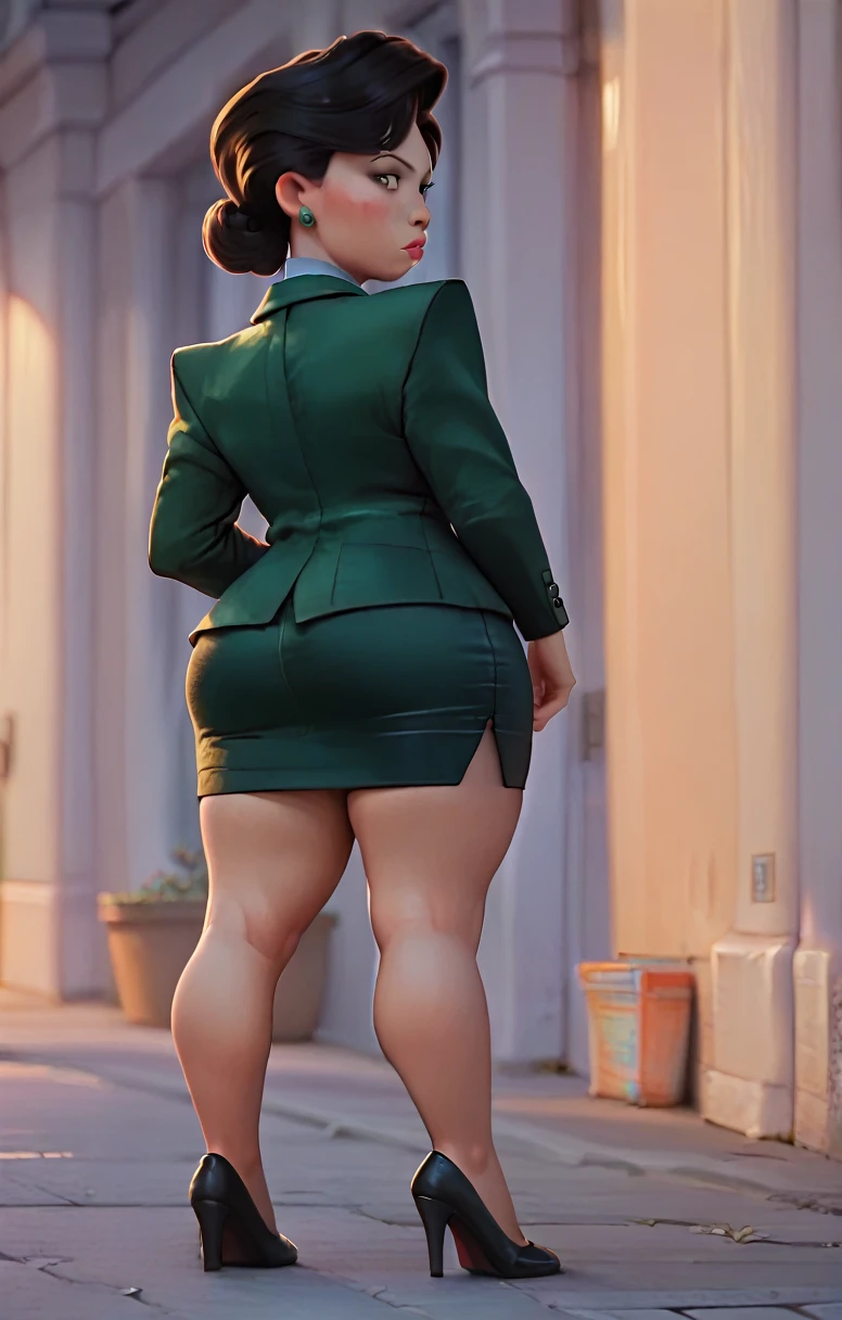 Black blazer, Black pencil skirt, Wide hips, thick legs, thick thighs, wearing small black heels, standing, take it from behind, looking at the viewer