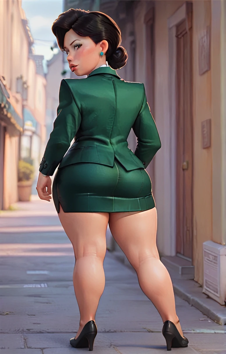 Black blazer, Black pencil skirt, Wide hips, thick legs, thick thighs, wearing small black heels, standing, take it from behind, looking at the viewer