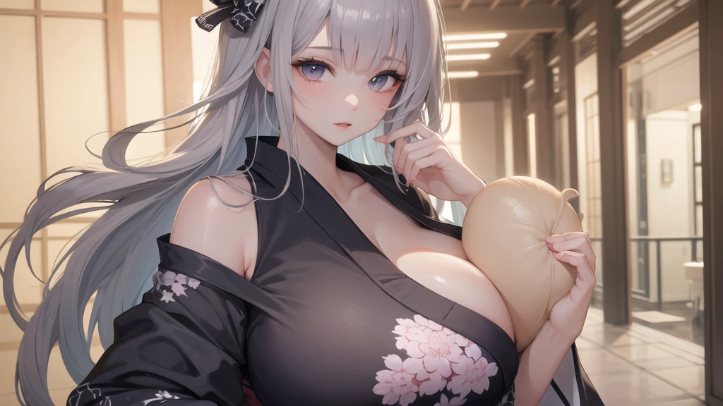 (((masterpiece, best quality))), (((superior quality))), cute girl, ((extremely detailed girl)), ((huge breasts)), yukata, bare shoulders, strapless top, long silver hair, happy