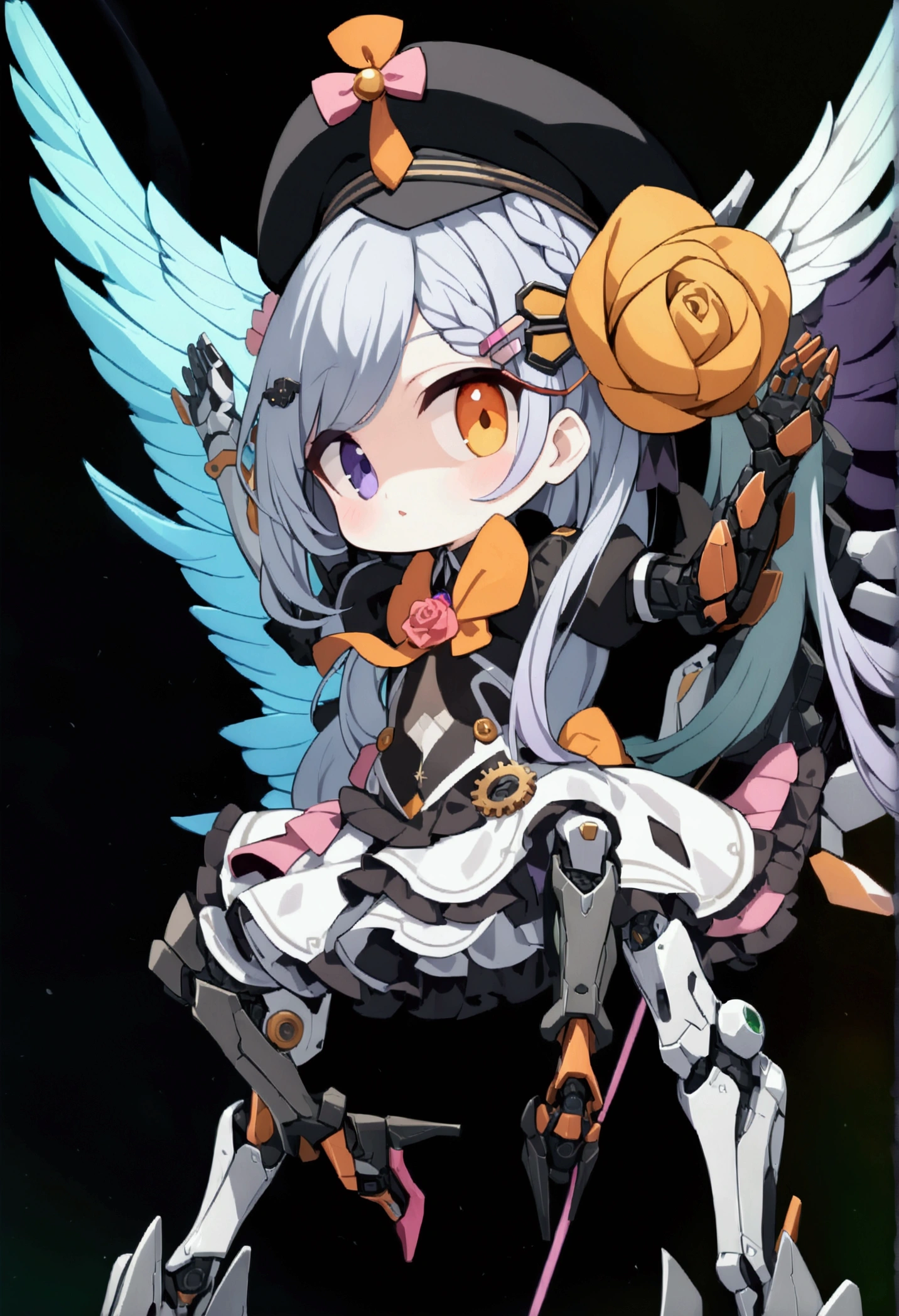 woman 160 cm tall, slim build, , charming look, ((heterocromia: look like, derecho naranja y look like izquierdo violeta)), (Shoulder Length Wavy Gray Hair, a short braid on the left side of the hair, big open bangs, golden gear hairpin in hair), (((complex mechanical legs up to the hip, The legs are black with gray parts with small pink details))), (((complex mechanical arms up to the elbows, The arms are black with gray parts with small pink details))), (complex mechanical angel wings of white color with dark gray parts), (elegant black French beret with an orange rose ribbon), (elegant thigh-length one-piece dress, short bell skirt with small gear embellishments, short sleeves, elegant black hip belt with orange parts, small rose brooch in the middle of the bust, beautiful mechanical stiletto heels, blue and black ribbon decorations on clothes), (((character design sheet: Front view))), (((Whole body))), extremely detailed beautiful hair, beautiful detailed dress, extremely detailed arms, extremely detailed face, (Extremely detailed hands), perfect hands, small face, hermosos look likes detallados, beautiful detailed lips, adorable, extremely detailed legs, (Best Quality, 8k, Ultra resolution), ultra detailed, Exquisite and epic character art, ((Pastel green background)), (Focus on symmetry), (extremely detailed wings).