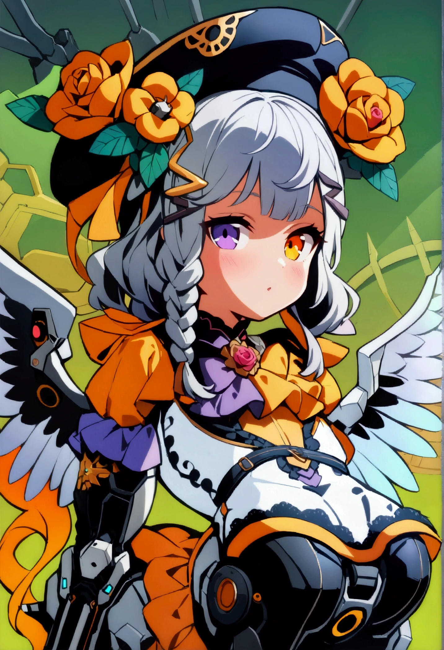 woman 160 cm tall, slim build, , charming look, ((heterocromia: look like, derecho naranja y look like izquierdo violeta)), (Shoulder Length Wavy Gray Hair, a short braid on the left side of the hair, big open bangs, golden gear hairpin in hair), (((complex mechanical legs up to the hip, The legs are black with gray parts with small pink details))), (((complex mechanical arms up to the elbows, The arms are black with gray parts with small pink details))), (complex mechanical angel wings of white color with dark gray parts), (elegant black French beret with an orange rose ribbon), (elegant thigh-length one-piece dress, short bell skirt with small gear embellishments, short sleeves, elegant black hip belt with orange parts, small rose brooch in the middle of the bust, beautiful mechanical stiletto heels, blue and black ribbon decorations on clothes), (((character design sheet: Front view))), (((Whole body))), extremely detailed beautiful hair, beautiful detailed dress, extremely detailed arms, extremely detailed face, (Extremely detailed hands), perfect hands, small face, hermosos look likes detallados, beautiful detailed lips, adorable, extremely detailed legs, (Best Quality, 8k, Ultra resolution), ultra detailed, Exquisite and epic character art, ((Pastel green background)), (Focus on symmetry), (extremely detailed wings).