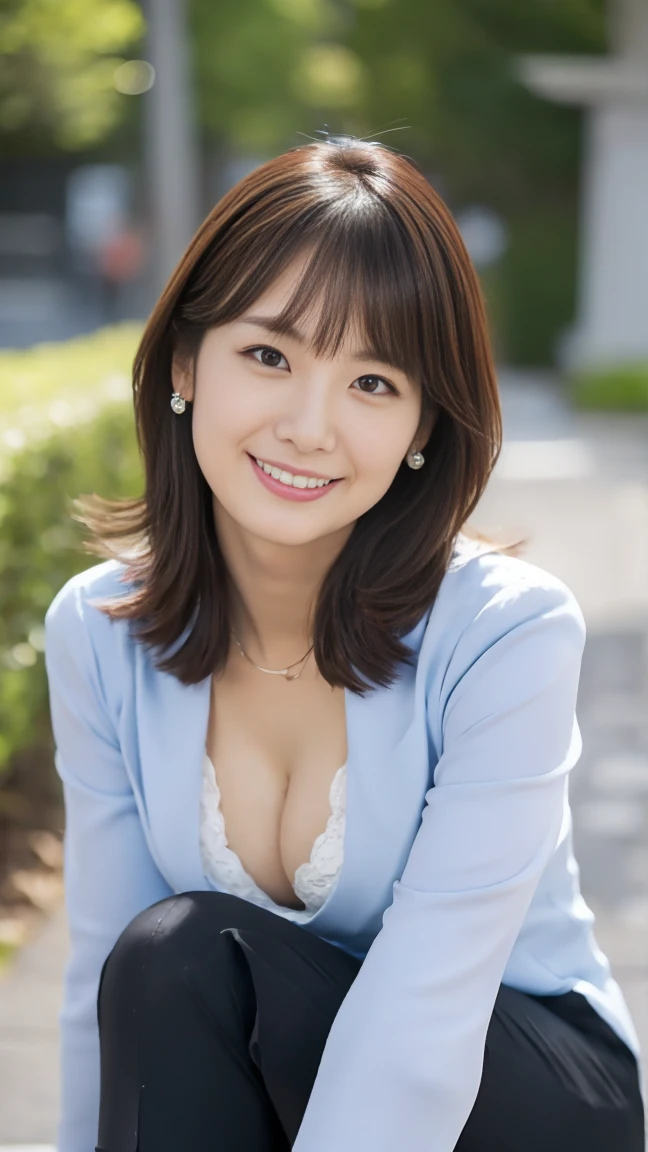 masutepiece, Best Quality, Photorealsitic, finely detail, hight resolution,beautiful japanese woman,beautiful detailed eyes, beautiful detailed lips, extremely detailed face, small head, small areola, cinematic lighting, photorealistic, 8k, high quality, hyper detailed, look at me,smile,(suit:1.2),(chino pants),(random location),(medium breasts:1.2),(inoueseika),slender,beautifull legs,(cleavage:1.3),(sexy posing:1.2), (bokeh:1.3), (black over-the-knee socks:1.2),