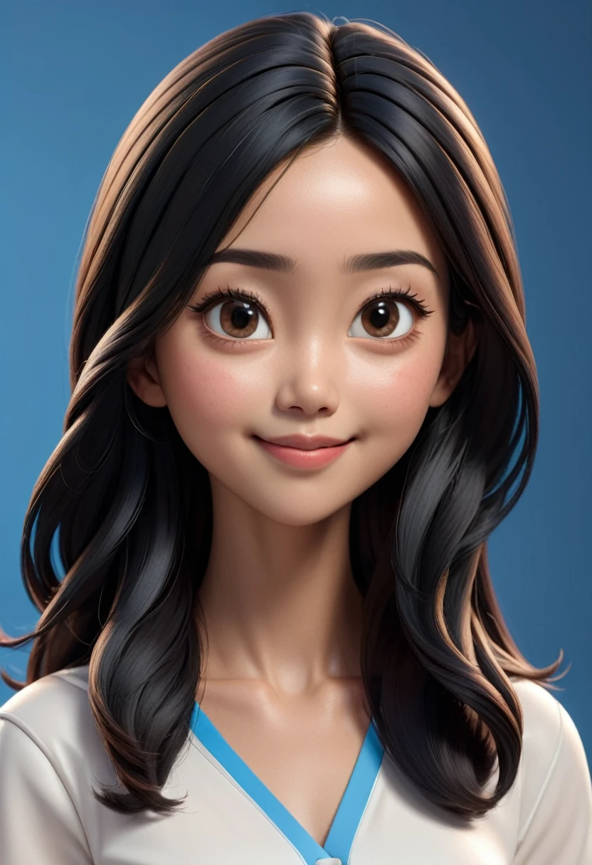 Create 3D animations of big-headed cartoons. Beautiful Indonesian woman. She has charming long straight black hair. His face is oval with smooth lines, Thick, elegant black eyebrows, Normal eyes, big nose, And wide thin lips, Friendly smile. He was wearing a white shirt and holding a document in his hand. Blue gradient background with professional lighting. Masterpiece, Top quality, Highly detailed skin and face, Very realistic, very accurate, Studio lighting, Intense focus, Entire body visible, Concept art, 3D display.