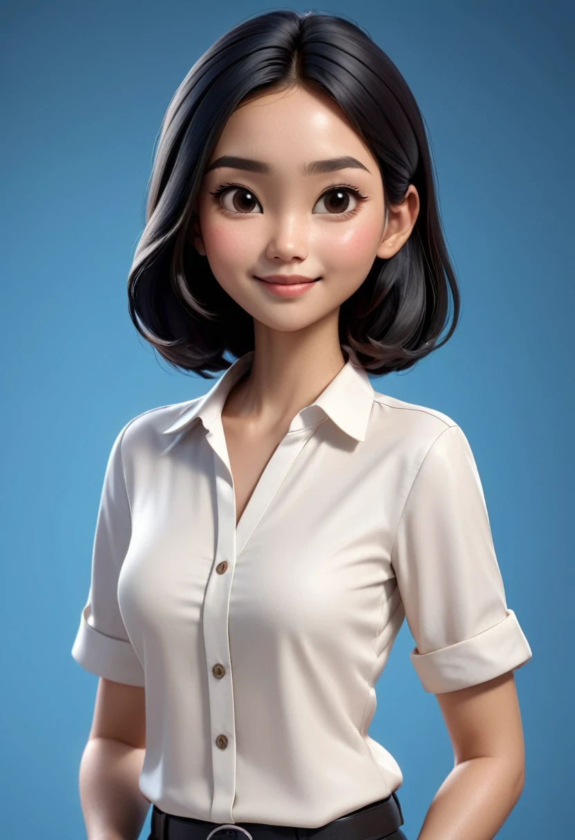 Create 3D animations of big-headed cartoons. Beautiful  Indonesian woman. She has charming long straight black hair. His face is oval with smooth lines, Thick, elegant black eyebrows, Normal eyes, big nose, And wide thin lips, Friendly smile. He was wearing a white shirt and holding a document in his hand. Blue gradient background with professional lighting. Masterpiece, Top quality, Highly detailed skin and face, Very realistic, very accurate, Studio lighting, Intense focus, Entire body visible, Concept art, 3D display.