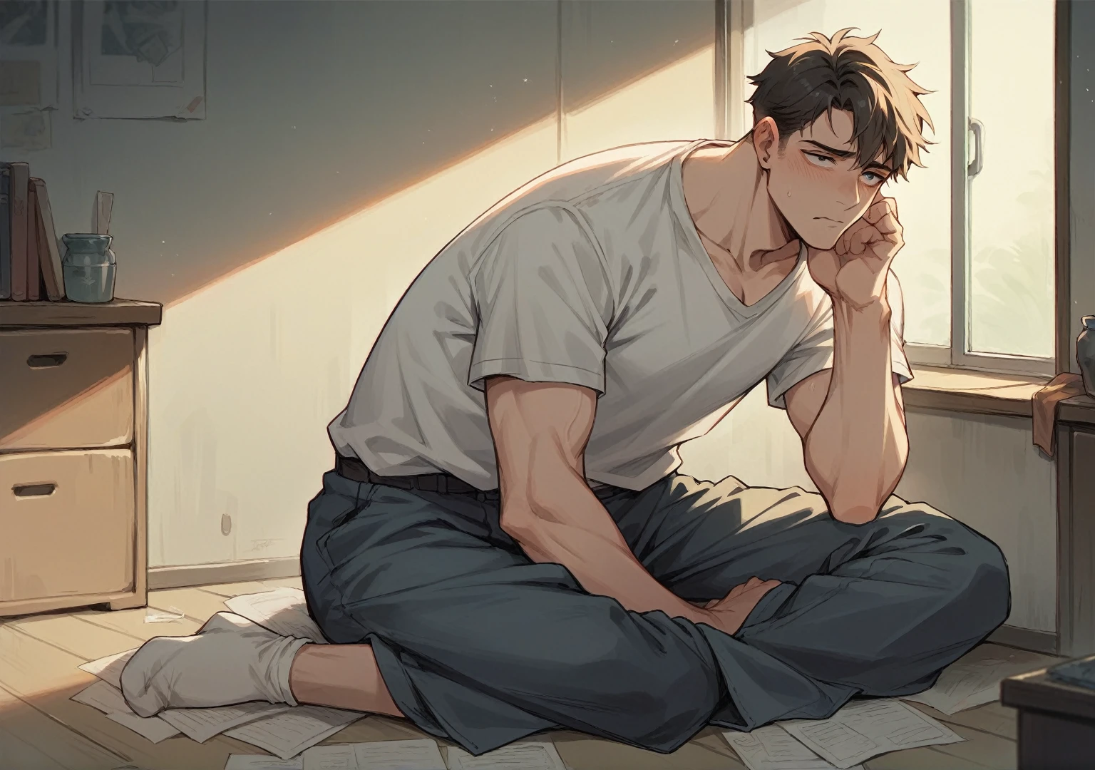 A depressed-looking boy about sitting alone in his room.