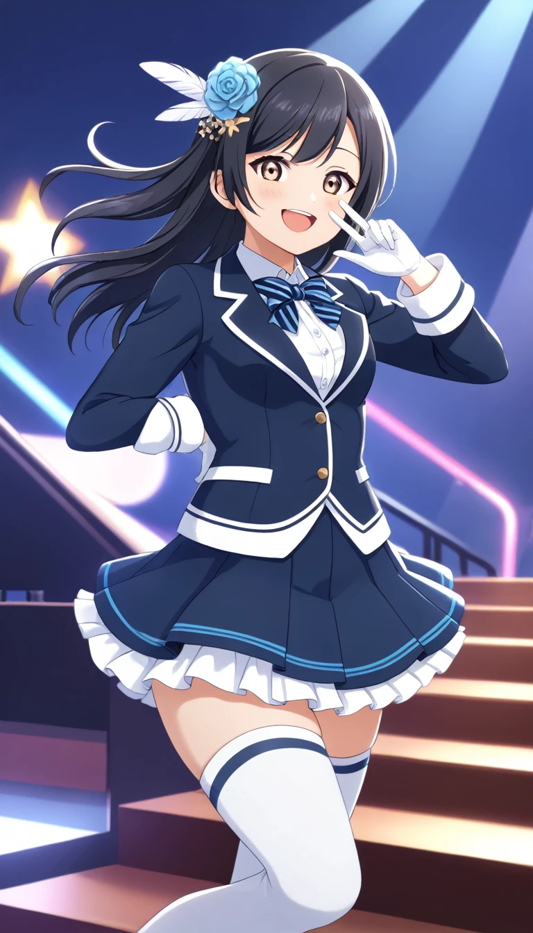 masterpiece, best quality, one side up, feather hair ornament, hair flower, white gloves, legwear, thighhighs,  (1girl), (solo), otonokizaka ,winter uniform, red striped bow tie, navy blue blazer, blue striped pleated skirt,from front, on live stage,dancing ,smile,spot brilliant light,BREAK score_9, score_8_up, score_7_up, score_6_up, source_anime 