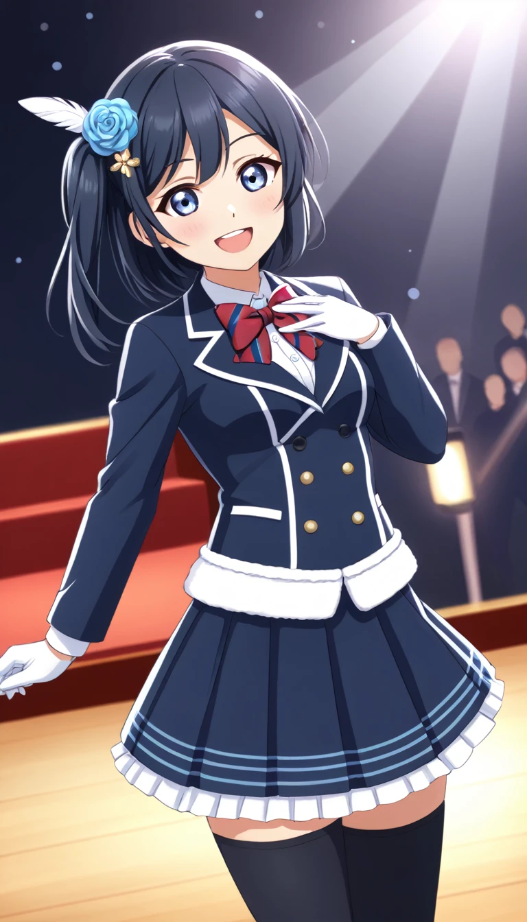 masterpiece, best quality, one side up, feather hair ornament, hair flower, white gloves, legwear, thighhighs,  (1girl), (solo), otonokizaka ,winter uniform, red striped bow tie, navy blue blazer, blue striped pleated skirt,from front, on live stage,dancing ,smile,spot brilliant light,BREAK score_9, score_8_up, score_7_up, score_6_up, source_anime 