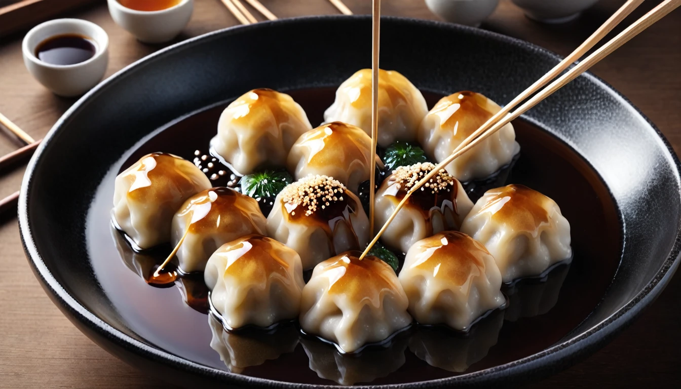 A dish of white mitarashi dango drizzled in brown sugar syrup is created using digital art.　The number of dumplings on one skewer is limited to three.