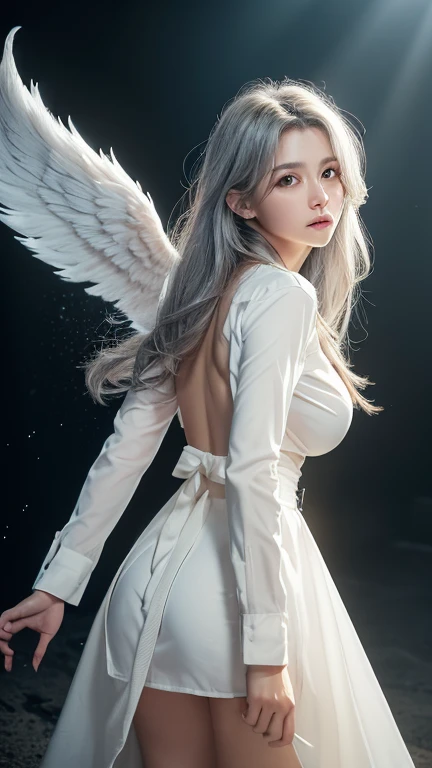 (masterpiece, Highest quality:1.3), (Very detailed:1.3), One girl, alone, (Gray Hair, Messy Hair, Long Hair), (Angel Wings, Angel Halo), (Big Breasts:1.4), Yellow Eyes, (White shirt, Black tie, Black coat, Open Court), Cowboy Shot, Cinema Lighting, (((Glowing light particles))), (Put your arms behind your back), Dynamic Angle, pop out
