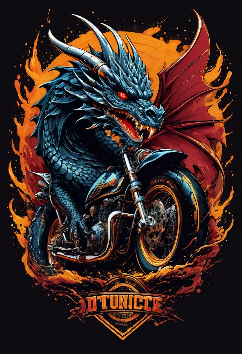 Motorcycle logo design with a dragon on the back, detailed vector art, motorcycle, in digital illustration style, motorcycle concept art, dark but detailed digital art, heavy metal t-shirt design, motorcycles, highly detailed vector art, illustration colorful digital, biker, triumph, akira's motorcycle, stylized digital illustration, inspired by Kanō Hōgai, detailed digital illustration, t-shirt design, chunky style, design only, white background, template none, professional, high contrast, high resolution, ultra- detailed,vivid colors,metallic details,sharp focus,edgy,dynamic composition,sandy texture,rough brushstrokes,mechanical elements,Chrome effect,classic typography,retro style,distressed look,aggressive lines and curves,3D rendering,stunning visual impact,shadows dark, strong brand presence, monochromatic palette, industrial aesthetic