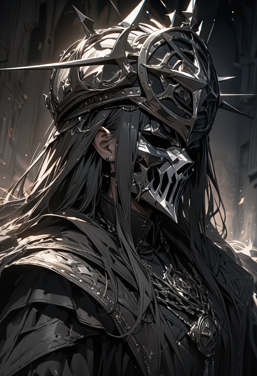 masterpiece, 8k, best quality, highly detailed, a helm made of black steel with a crown made of silver