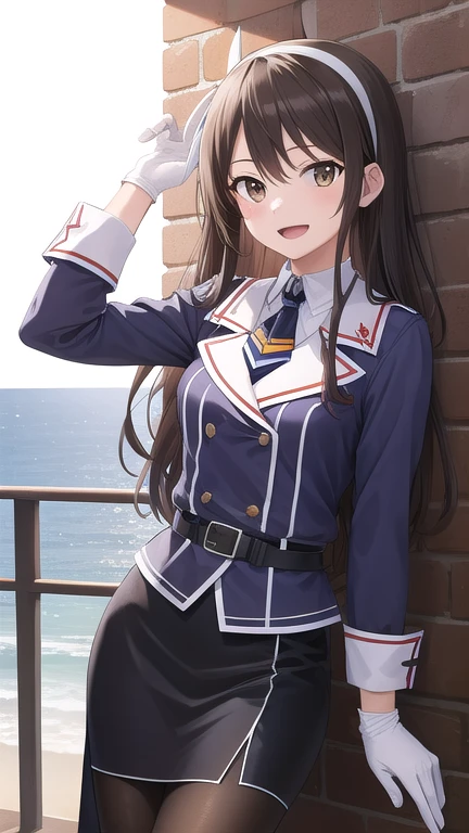 ((masterpiece)),(best quality),official art,extremely detailed CG,unity 8k wallpaper,ultra detailed,A lighthouse on a cliff by the sea,1girl,solo,cowboy shot,long_hair,brown_hair,purple_jacket,pencil_skirt,black_skirt,white_pantyhose,white_gloves,wavy_hair,brown_eyes,white_hairband,long_sleeves,smile,belt,looking_at_viewer,military_uniform,open_mouth,