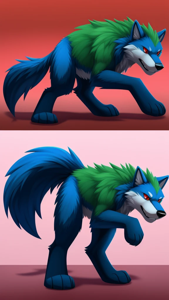 create a image of a dire wolf 2 tailed green fur red eyes blue tails sqruishable plush concept art
