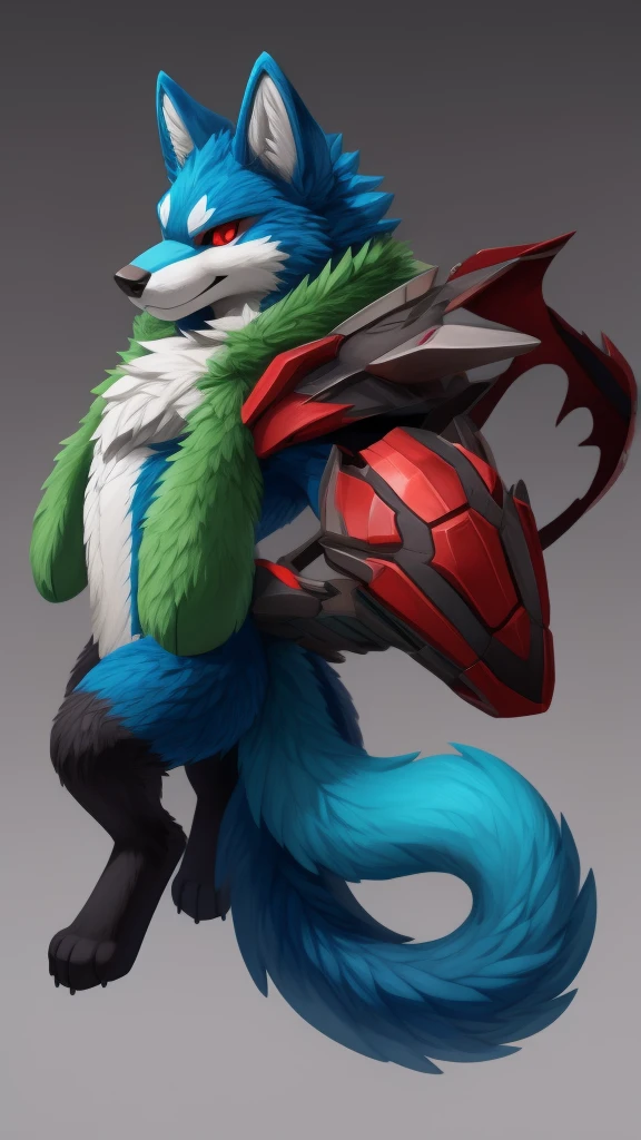 create a image of a dire wolf 2 tailed green fur red eyes blue tails sqruishable plush concept art
