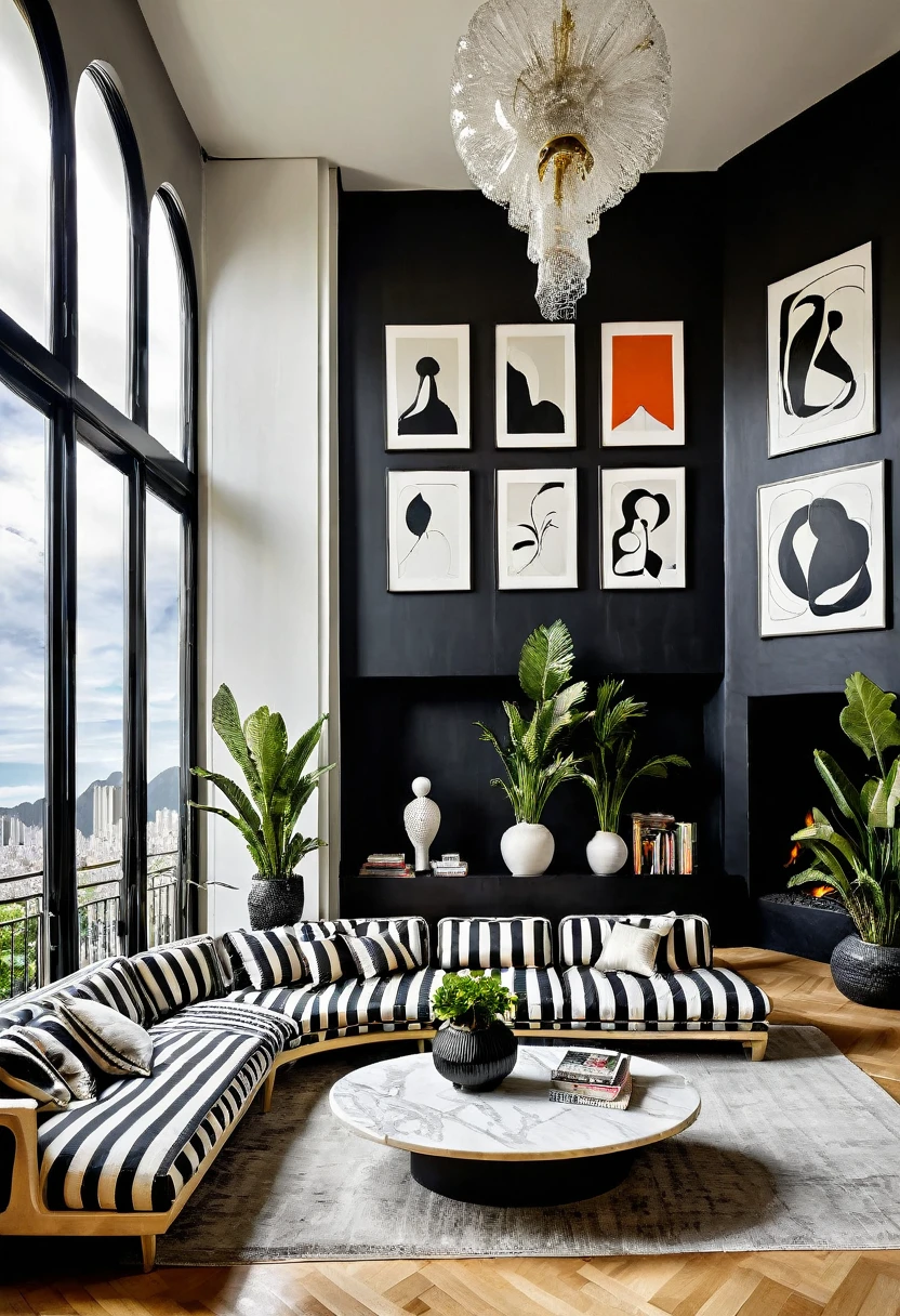 RAW photograph, Ultra Wide Angle, 16mm lens, whole room, contemporary living room with black walls, como Kelly Wearstler, very light wooden floor, large contemporary white linen armchair, huge black and white striped curved sofa, fireplace, large brutalist style console with minimalist vase with huge plant, pile of books, cubist sculptures in white marble, large windows , view of the city of Rio de Janeiro, Picasso paintings, Golden candlesticks, clear glass coffee table, ultra high nothing.photorrealistic::1.5, HDR, Ultra Realist, real photografic
