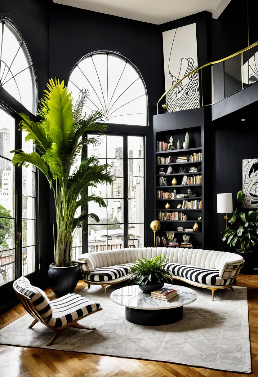 RAW photograph, Ultra Wide Angle, 16mm lens, whole room, contemporary living room with black walls, como Kelly Wearstler, very light wooden floor, large contemporary white linen armchair, huge black and white striped curved sofa, fireplace, large brutalist style console with minimalist vase with huge plant, pile of books, cubist sculptures in white marble, large windows , view of the city of Rio de Janeiro, Picasso paintings, Golden candlesticks, clear glass coffee table, ultra high nothing.photorrealistic::1.5, HDR, Ultra Realist, real photografic
