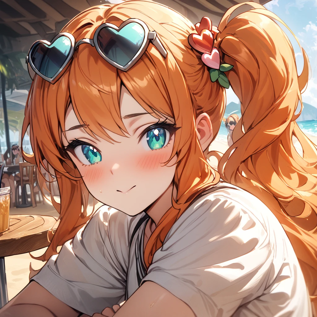 (masterpiece), best quality, expressive eyes, perfect face,1girl,EPpkSonia,orange hair, side ponytail, aqua eyes, long hair, eyewear on head, sunglasses, heart hair ornament,beach cafe,soft shadows