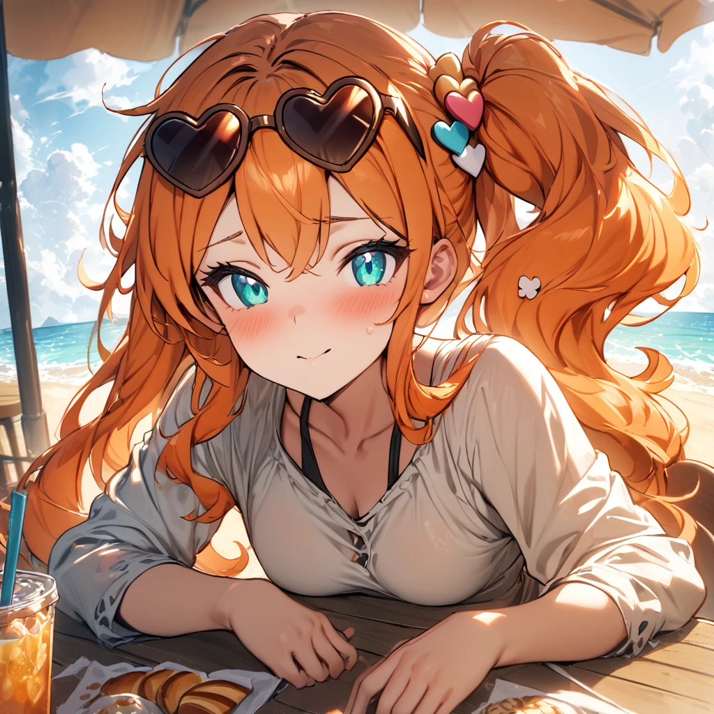 (masterpiece), best quality, expressive eyes, perfect face,1girl,EPpkSonia,orange hair, side ponytail, aqua eyes, long hair, eyewear on head, sunglasses, heart hair ornament,beach cafe,soft shadows