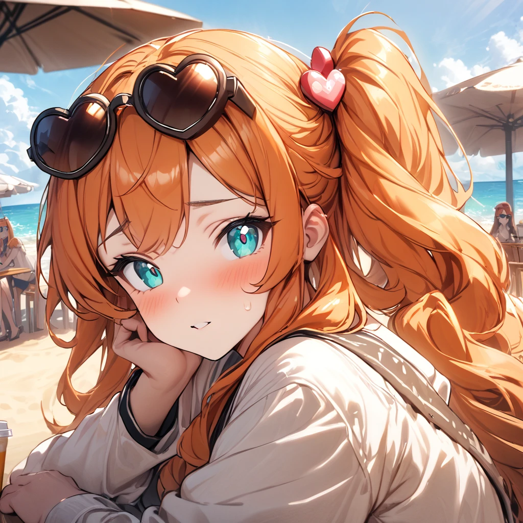 (masterpiece), best quality, expressive eyes, perfect face,1girl,EPpkSonia,orange hair, side ponytail, aqua eyes, long hair, eyewear on head, sunglasses, heart hair ornament,beach cafe,soft shadows