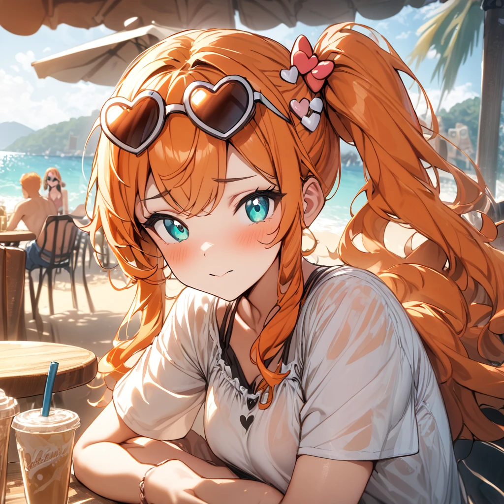 (masterpiece), best quality, expressive eyes, perfect face,1girl,EPpkSonia,orange hair, side ponytail, aqua eyes, long hair, eyewear on head, sunglasses, heart hair ornament,beach cafe,soft shadows