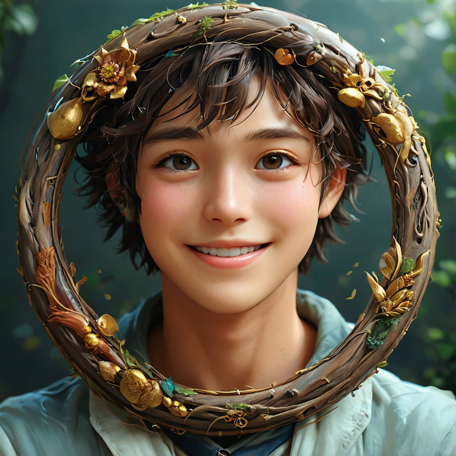 Creating icons for SNS、Smiling character in a round frame、Real Stick、Realistic illustration、Anime Style、high quality、high resolution、Heartwarming Characters、Retouching、Fantasy backgrounds、Unrealistic characters