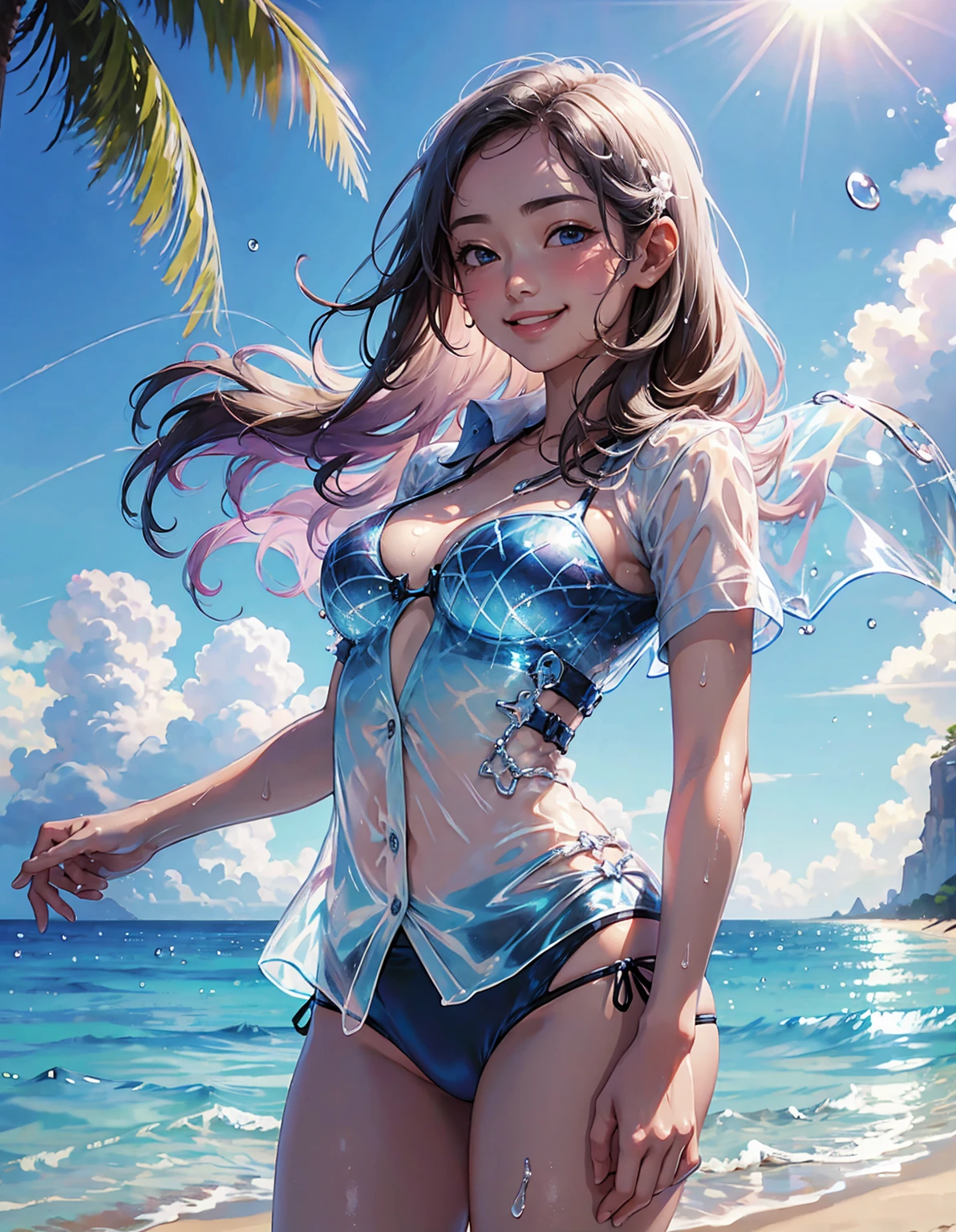 1 Girl,solo,Big Breasts,Beach,Water Drop,shirt,白いshirt,translucent,Wet,Blue sky,smile,bikini