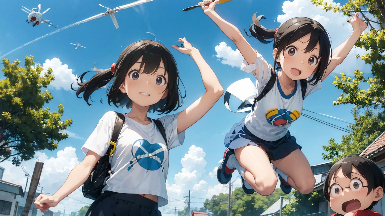 Propeller on the head(Bamboo copter)Doraemon flying in the sky with a、Nobita、Shizuka-chan、Suneo、Giant