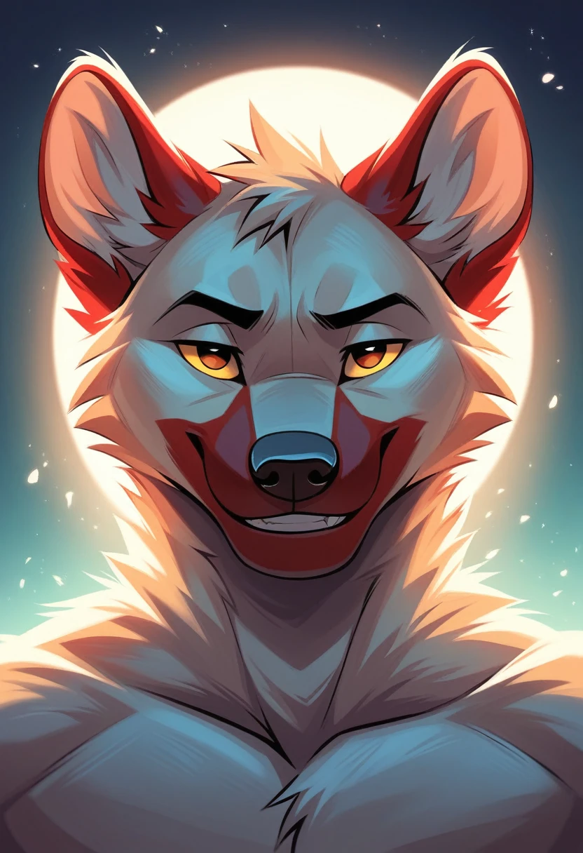 solo male, white hyena, furry, smiling, red fur, Black fur stripe, netral, Traumatized face, dynamic lighting, illustration, beautiful, particles (high quality,4k,8k,highres,masterpiece:1.2), ultra-detailed, impressionistic:colorful,]