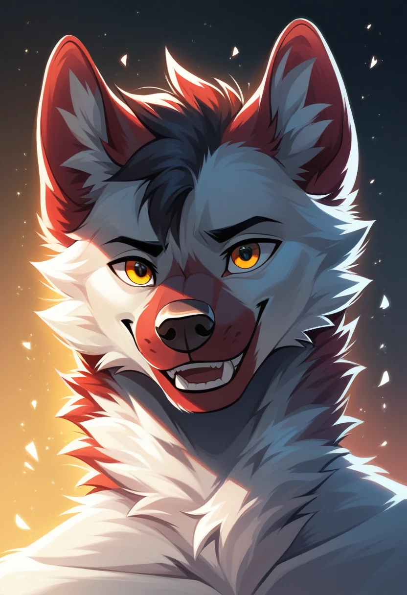 solo male, white hyena, furry, smiling, red fur, Black fur stripe, netral, Traumatized face, dynamic lighting, illustration, beautiful, particles (high quality,4k,8k,highres,masterpiece:1.2), ultra-detailed, impressionistic:colorful,]