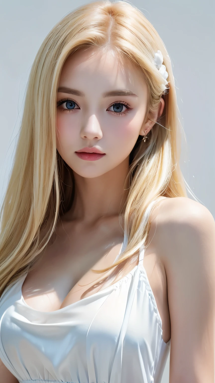 (((Blonde、forehead、long hair、White background、dress、Russia、Northern Europe、シンプルなWhite background、Light in face)))、masterpiece, Highest quality, 8k,, 20th Generation, (Large Breasts:1.2), Background is white,  cute, alone, sad, close, cute, Girlish, Delicate girl, Pure beauty,  RAW Photos, Professional photography, Portraiture, Soft Light, Professional Lighting, Upper Body, Sophisticated, Film Grain, (Eye and facial details:1.0) , Beautiful, flowing hair, Silk blouse,